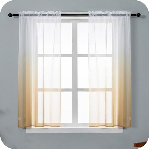 GIRASOLE HOME Coppia Tende Voile Semi Trasparenti Colore Sfumato Bianco e Maggese Tenda per Soggiorno Camera Cameretta Cucina e Interni 2 Pannelli con Tasca 70x148cm