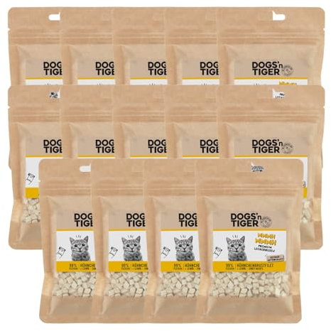 Dogs'n Tiger Adult Katzen Snacks Mmmh mmmh Huhn, 99% gefriergetrocknetes Filet in zerhackten Würfeln– ohne Zucker, Getreide & künstliche Aromen, 14x 30g