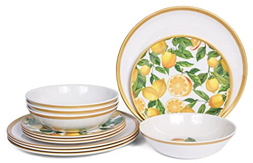 Lechoo Vajilla de melamina de 12 piezas para 4 personas, diseño de limón, sin BPA, para interior y exterior
