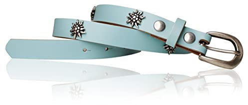 FRONHOFER Trachtengürtel für Damen mit Edelweiß aufgenietet, 2,5 cm, 18805, Größe:Körperumfang 110 cm/Gesamtlänge 125 cm, Farbe:Aqua