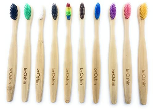 Broshin Spazzolini da Denti Biodegradabili in Bambù senza BPA Ecologici e Riciclabili con Setole Morbide (Confezione da 10, Colori Vari)
