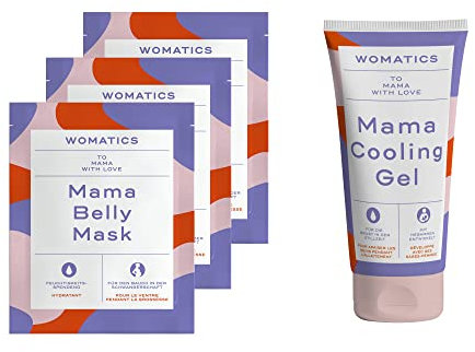 Womatics Pflegeset, kühlende Creme für stillende Mütter, Tuchmaske für den Bauch in der Schwangerschaft, für alle Hauttypen geeignet, vegan, 4-teilig
