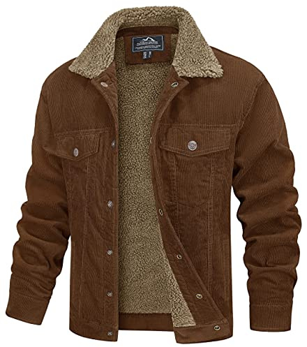 MAGCOMSEN Men's Corduroy Winter Jacket,Fleece Casual Work Coat Lapel Collar Sherpa Lined Jacket for Winter Fall,Brown,L