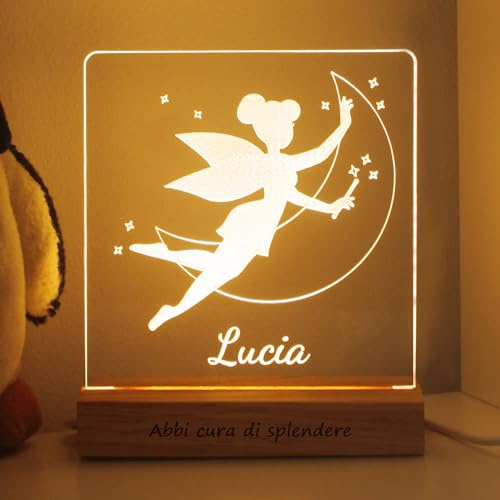 LASERO' Lampada Personalizzata con Nome in Plexiglass Inciso – Luce Notturna Personalizzata Bambina – Lampada Cameretta Bambini con Base in Legno – Idea Regalo Nascita o Battesimo