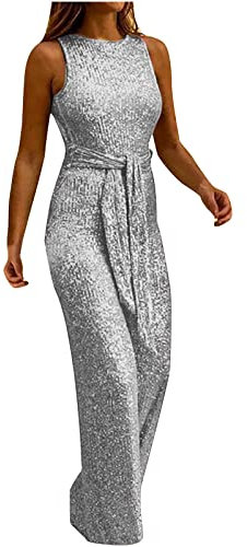 WANGTIANXUE Jumpsuit Damen Overall Damen Sale Angebote Lang Pailletten Hosen Einteiler Rückenfrei Sexy Strampler Breite Bein Romper Freizeithose Ärmellos Lose Hose Sommeroverall mit Gürtel