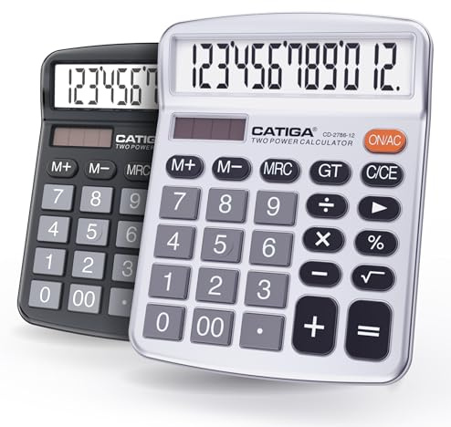 CATIGA Desktop Calculator, 12 Digit Large LCD Display, Dual Power, Sensitive Big Button, Standard Function Calculators for Office, School and Business, CD-2786 2 Pack, Black & Silver