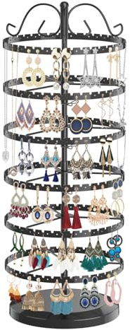 LASZOLA 6 Tier Black Earring Holder Organizer Tree Women Display Storage for Stud and Hoop, Large Cool Rotating Clip Stand for Pierced and Dangle Earring, Vertical Metal Tower Carousel with 480 Holes