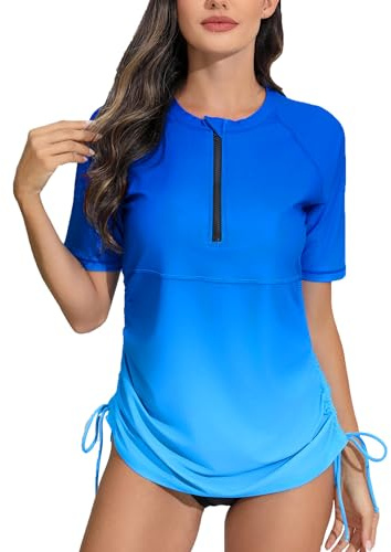 Halcurt UV Shirt Damen Kurzarm Rash Guard 1/4 Zip UPF 50+ Badeshirt Bademode Schnell Trocknender Schwimmshirt Tankini L