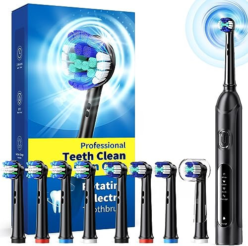 Rotierende elektrische Zahnbürste für Erwachsene mit 8 Bürstenköpfen (2 Typen), 4 Modi Deep Clean elektrische Zahnbürste mit 2m Smart Timer (1-Black)