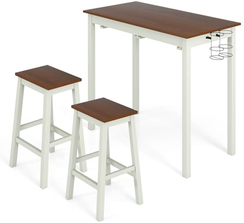 GiantexUK 3-Piece Bar Table Set, Space-Saving Dining Room Table and Chairs with Footrest, Wooden Kitchen Breakfast Bar Table and 2 Stools Set for Living Room Home (with Wine Holders, Flat Seat)