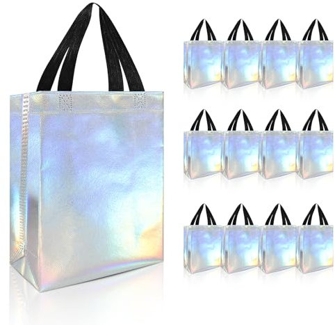 PHOGARY Geschenktüten mit Henkel, 12 Stück Wiederverwendbaren Mitgebsel Tüten, Nicht Gewebte Glänzende Große Geburtstagstüten, Irisierende Geschenktüte Hochzeit (Irisierende, 25x15x10cm)