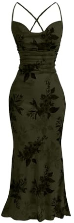 SOLY HUX Women's Floral Mesh Bodycon Cami Dress Cowl Neck Sleeveless Cocktail Party Wedding Guest Long Maxi Dresses Army Green Floral X-Small
