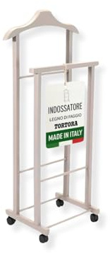 OWIJI Indossatore Appendiabiti Legno Faggio Tortora Rotelle Servo Muto Doppio Dimensioni 45 x 30 x 95 cm Appendiabiti Vestiti Camera Letto Cabina Armadio Grezzo