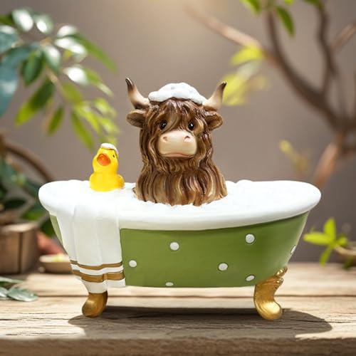 Highland Cow Figurine Garden Decor - Brown Resin Scottish Cattle Gnome with a Duck in Polka Dot Bathtub Calf Gnomes Herd Decorations Fall Thanksgiving Gifts for Home Bathroom Farmhouse Tiered Tray