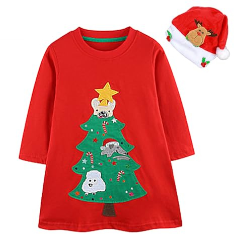 TAGVO Vestido de Manga Larga para Niñas - Falda de Navidad Con Cuello Redondo, Lentejuelas, Árbol de Navidad y Reno - Vestido Casual de Algodón para 2-7 Años