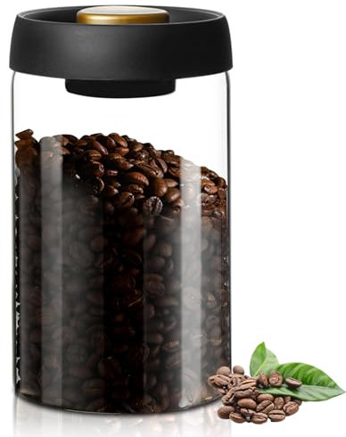 WANDGU Boîte à café sous vide en verre de 1200 ml : récipient hermétique pour grains de café, céréales, bonbons, cacao, pâtes