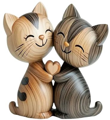 LunarCharm Sculpture en Bois d'un Couple de Chats – Décoration de Bureau en 2D Plate avec câlin, décoration pour Maison et Bureau, Cadeau Unique pour Amoureux des Chats