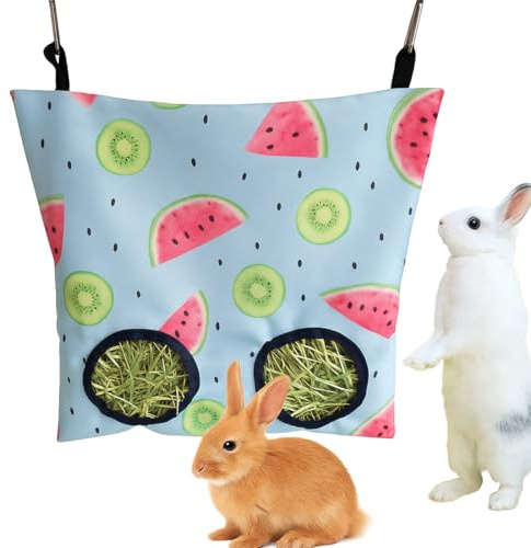 GGUFAY Sac à foin suspendu, ratelier foin lapin, filet à foin, accessoire foin, station de nourriture pour cochon d'Inde, chinchilla, lapin, hamster et autres petits animaux, 2 trous