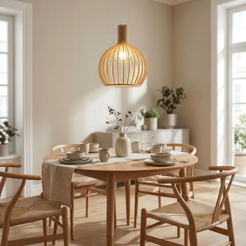 Alpinaluz Semi-sfärisk lampa pendellampa Ø 28 cm - Skandinavisk stil välvda träribbor - uttag E27 - justerbar transparent kabel - naturlig design för kök eller vardagsrum