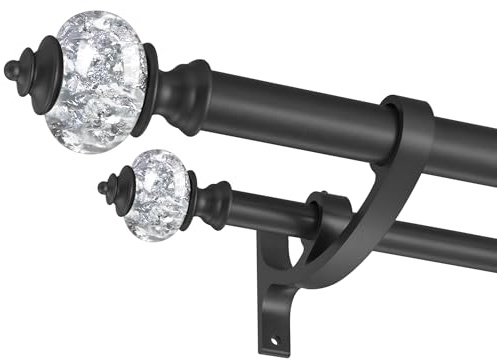 Double Curtain Rods for Windows 72 to 144 Inches, 1 Inch Front and 5/8 Inch Back Heavy Duty Double Curtain Rod, Decorative Double Drapery Rod with Stacking Tower Finials and Aluminum Bracket, Black