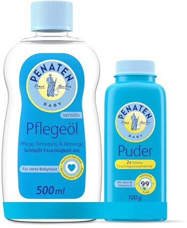 Penaten Baby Puder (100g) & Pflegeöl (500 ml) - Aloe & Vitamin E, 99% natürliche Inhaltsstoffe, dermatologisch getestet, trocknet & schützt empfindliche Haut, sanfte Babypflege ohne Parabene & Farbsto