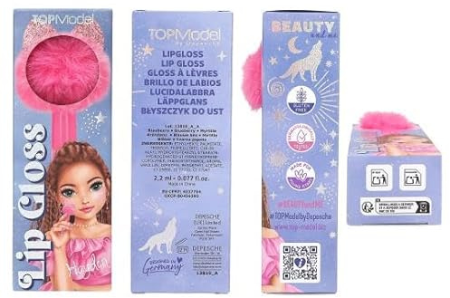 TOPModel Lipgloss mit Pompon, 2,2 ml, Erdbeer- und Blaubeerduft, Dermatologisch getestet, Glutenfrei- 2 Stück Lieferumfang