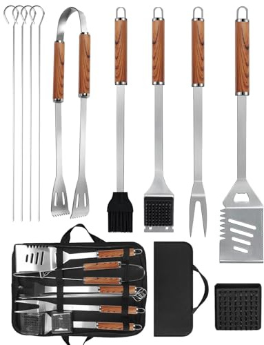Set de Barbacoa Profesional 11 Piezas con Mangos de Madera Ergonómicos, Accesorios para Parrilla de Acero Inoxidable Resistentes al Calor, Kit de Barbacoa para Camping y Jardín, Regalo Ideal