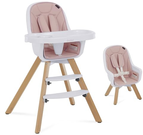 Evolur Zoodle 2-in-1 High Chair for Baby & Toddler – Convertible High Chair to Toddler Chair, Padded Seat, 5-Point Safety Harness, Dual Dishwasher-Safe Trays, Solid Beechwood Legs – Pink