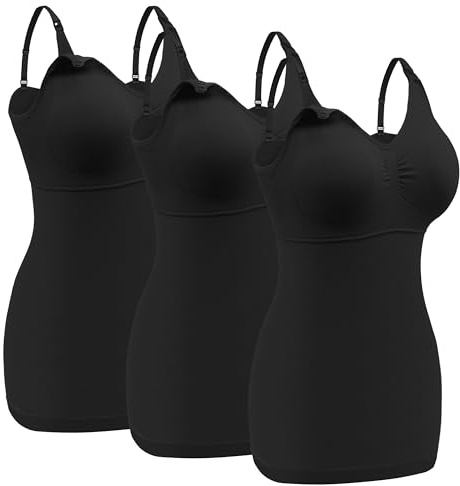 Angelhood Maternity Nursing Tank Tops for Breastfeeding,Womens Nursing Maternity Cami Built in Bra Sleep Bra, 3×Black, M