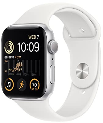 Apple Watch SE (andra generationen) (GPS, 44mm) Smartklocka - aluminiumboett silver - Sportband vit – standard. Tränings-och sömnmätare, kraschdetektering, pulsmätare, vattentålig