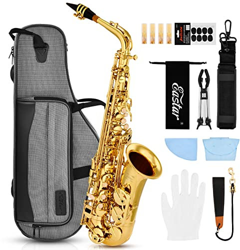 Eastar Upgraded Alto Saxophone E Flat for Beginner Students Brass Sax Full Kit, Travel Bag, Foldable Stand, Cleaning Kit, Golden Lacquer, EAX-21