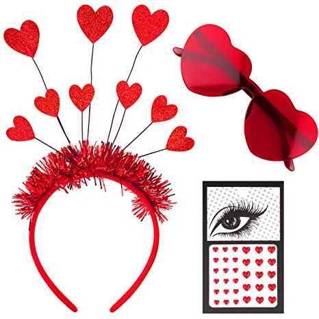 Set Cerchietti Capelli Cuore Strass Adesivi Cuore Rosso Occhiali Cuore Senza Montatura Vintage Decorazioni Valentine's Day Festa Costume Carnevale Halloween Accessori Travestimento Cosplay (A)