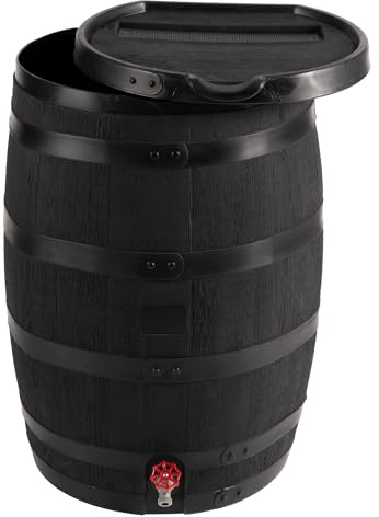 RTS Home Accents Premium 55-Gallon Eco Rain Barrel with Removable Lid, Flat Back Rain Water Collection Barrel, Made with 100% Recycled Plastic, Black