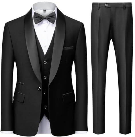 KUDMOL Herr 3 delar kostym smal passform en knapp sjal slag för bröllop bal blazer väst byxor set, Svart, 3XL