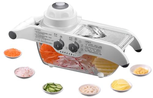 WOOXGEHM Affettaverdure, Tritatutto Multifunzionale Antiscivolo, Spessore Regolabile, con Protezione per Le Mani e Scatola per Alimenti, Lame in Acciaio Inox, per la Casa/Catering