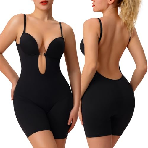 Slimers Body moldeador sin espalda para mujer, con control de abdomen, moldeador de cuerpo completo, espalda baja, cuello en V, con brasier integrado, Negro -, Medium