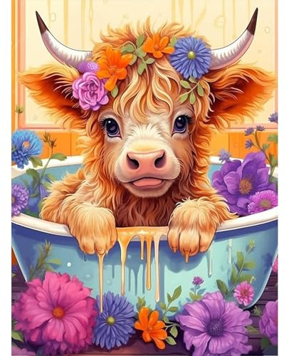DIY Paint by Numbers for Adults, Highland Cow Canvas Oil Painting Kit for Adults, Animal Craft Art Painting Kit Acrylic Pigment Drawing Paintwork for Gift Home Wall Decor 12x16 inch (Without Frame)