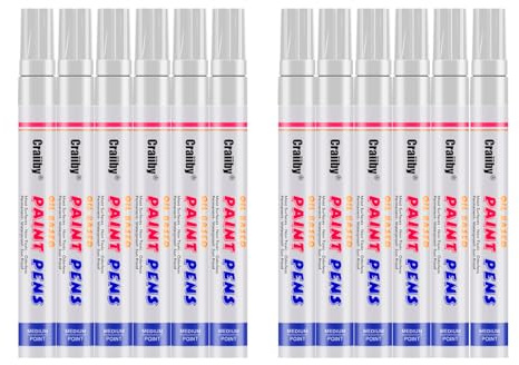 White Paint Markers, 12 Pack Oil-Based Waterproof Quick Dry Permanent Paint Pen Set for Rocks Painting, Wood, Plastic, Canvas, Glass, Mugs, Metal, Tire, Stone, DIY Craft