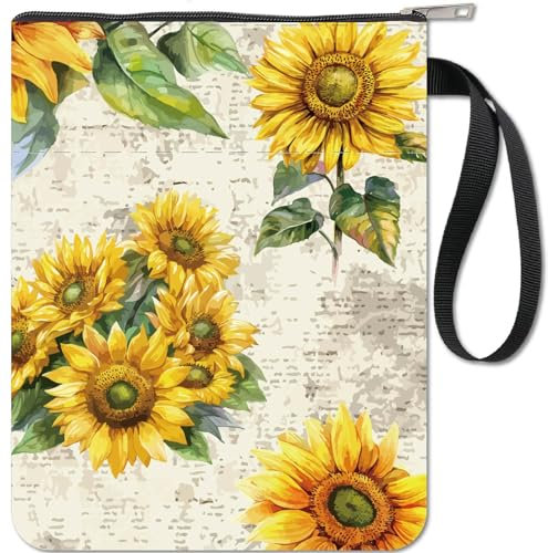 craspire Buchhülle Mit Sonnenblumen- Und Blattmotiv Mit Reißverschluss Geschenk Für Buchliebhaber Hardcover Taschenbücher Wasserdicht Buchtasche Schutztasche Für Die Vordertasche Hülle