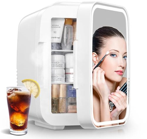 FOHERE Mini Fridge for Bedrooms, 5L/6 Can Portable Skincare Fridge with Dimmable LED Light Mirror, Cooler & Warmer for Food, Drinks and Cosmetic, Small Refrigerator for Home Office