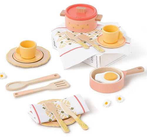 Giant bean Holz kinderküche zubehör, Küchenzubehör Topfset,17 Teiliges Spielküche Zubehör für Mädchen und Jungen für 3+