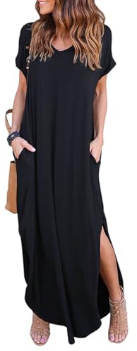 AOWVUTS Robe Longue Été Femme T-Shirt Robe à Manches Courtes Robe Casual Col V Décontracté Ample Robe Maxi avec Poches Couleur Unie