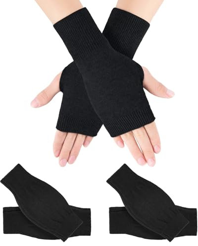Kieswan 2 Paar Fingerlose Handschuhe Unisex, Gestrickte Pulswärmer Damen Weicher Handstulpen Herren Winter Handschuhe Ohne Fingerkuppen (Schwarz)