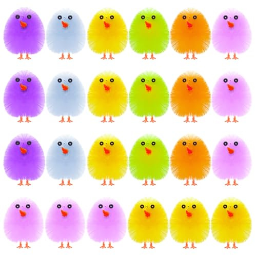 PLULON 24 Piezas Pollitos de Pascua de Colores, Pollitos Esponjosos de Felpa para Decoración de Huevos, Fiestas de Búsqueda de Huevos y Detalles de Pascua