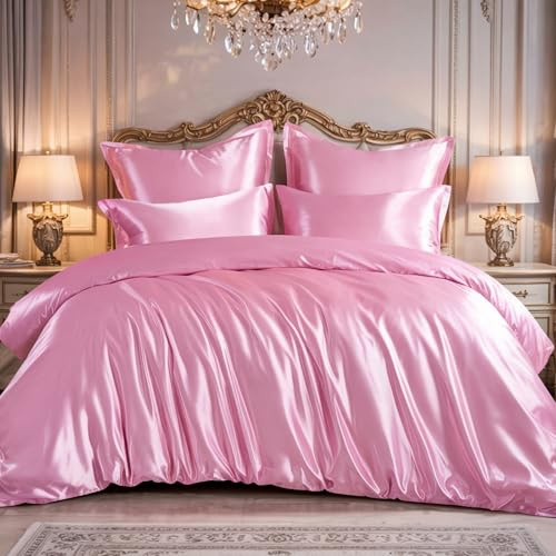 RUIKASI Sängkläder 3-delar i satin 200 x 220 cm - Rosa - Med glans - Påslakan 200 x 220 cm med dragkedja och kuddfodral - Som siden för hår och hud