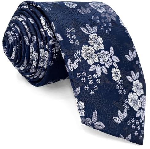 S&W SHLAX&WING Corbata Floral Azul Marino Plata Blanco para Hombre Fiesta Tejido Toque de Seda Extra Larga 160cm