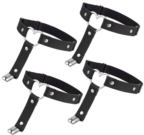 Leder Strumpfhalter 4 Stück Schwarz Herzförmig Verstellbares Strumpfband Punk Gothic Oberschenkel Strapsgürtel Anti Rutsch Clip Damen Halloween Rave Karneval Cosplay Party Zubehör