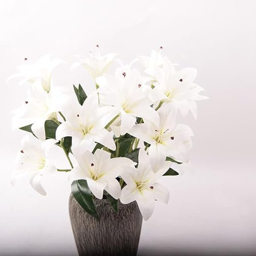 HULUBO 9 têtes de lys artificiels,lys Fleurs artificielles Bouquet en Vrac 55cm/21.6in pour la Table à la Maison Partie Jardin Magasin décoration de Bureau (Blanc)