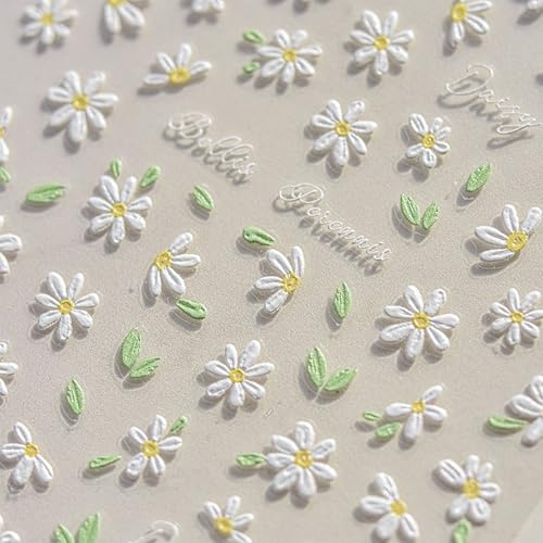 JMEOWIO 3D Embossed Daisy Flower Nail Art Stickers Decals Self-Adhesive 5D Nail Supplies Nail Art Design Decoration Accessories 2 Sheets