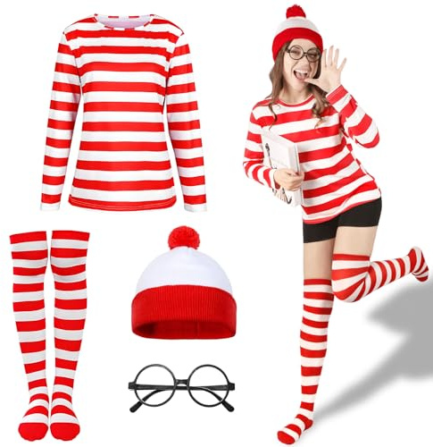 Moiuguli Costume de la journée mondiale du livre pour adulte - T-shirt rayé rouge et blanc - Bonnet à pompon blanc et rouge - Chaussettes - Lunettes rondes - Carnaval - Pour femme - XXL